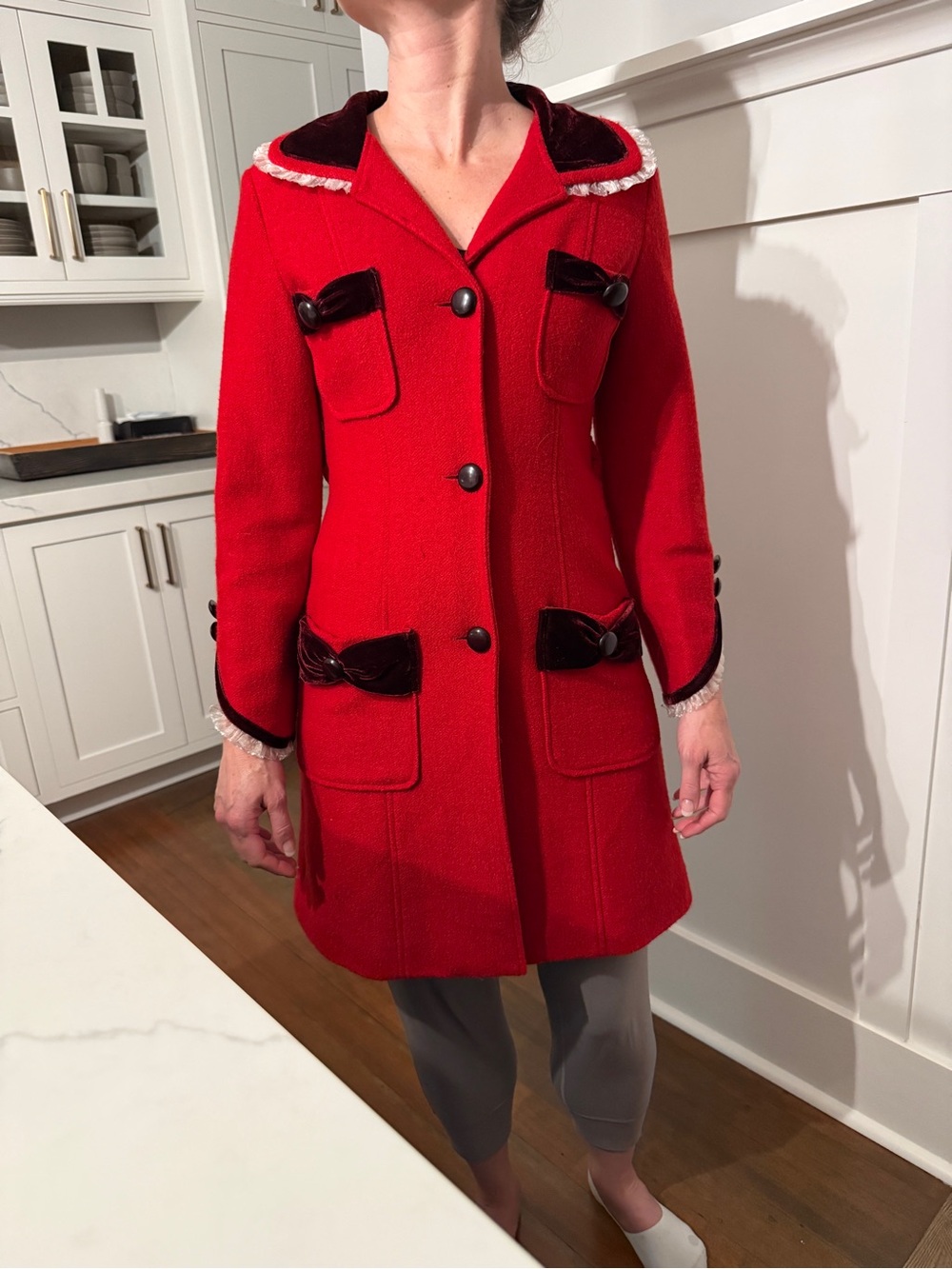Marc Jacobs  vintage collection Red Wool Coat with Dark Velvet Trim and lace